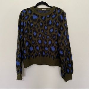 Urban outfitters ecote animal print puff sleeve fuzzy sweater sz.L green & blue